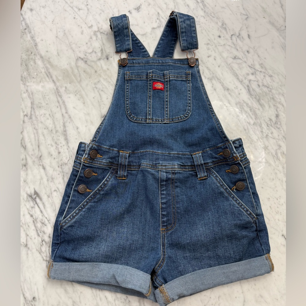 NEW Dickies Girls Size M 8-10 Blue Denim Short Overalls
